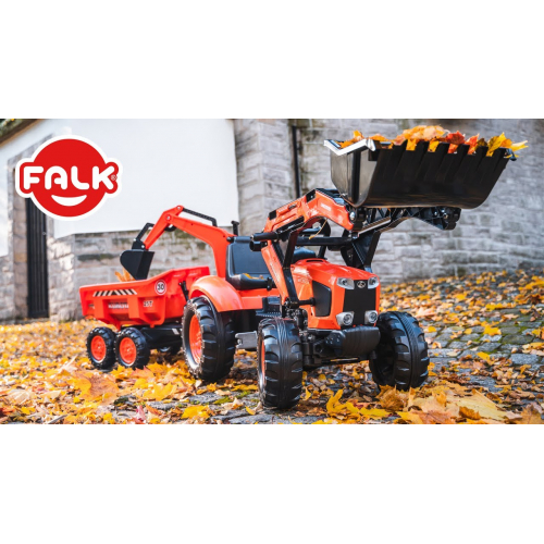 Trator a pedais Kubota M135GX com pa, excavadeira e reboque basculante