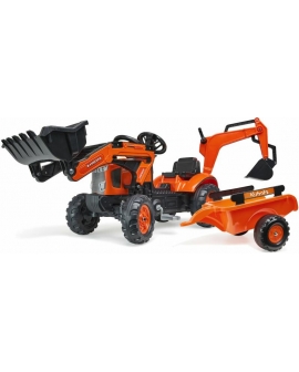 Trator de pedal Kubota con pa, excavadeira y reboque