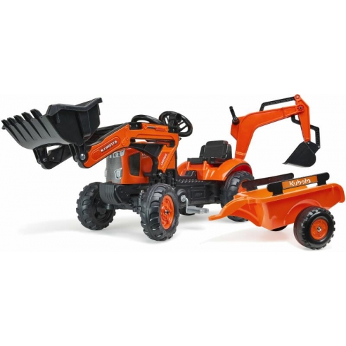 Trator de pedal Kubota con pa, excavadeira y reboque